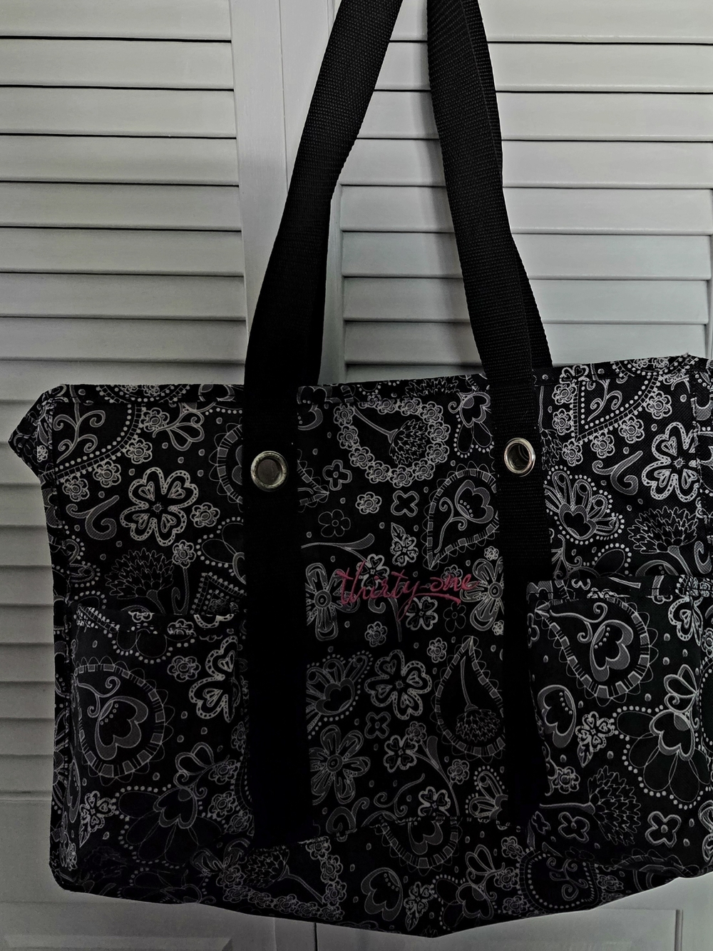 Thirty-One Black Paisley Tote Bag with Pink Logo